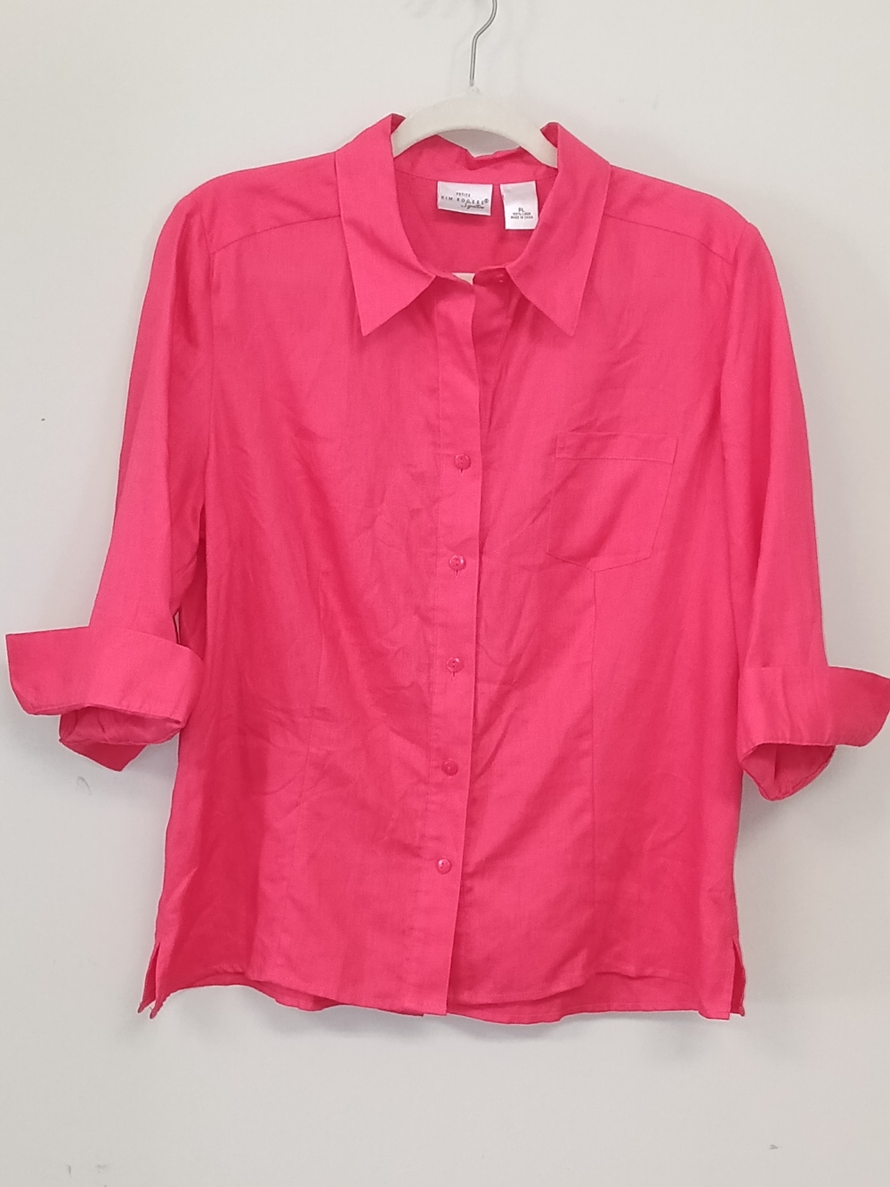 Kim Rogers Linen Coral Pink Cuff Sleeve Button down Top Coastal Beach Petite L
